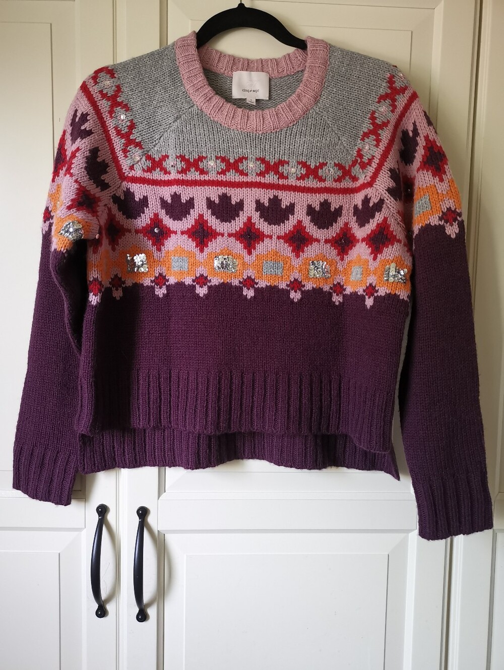 Cinq a Sept Fair Isle Sequin Wool Blend Knit Sweater Burgundy Size S